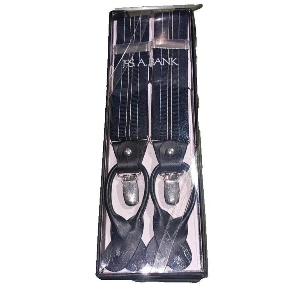 Jos A Bank Braces Suspenders Blue Striped Straps Black Leather Braces w/ snaps